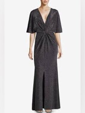 Betsy & Adam Women's Metallic Twist-Front Slit Gown (2, Black Multi)🔳